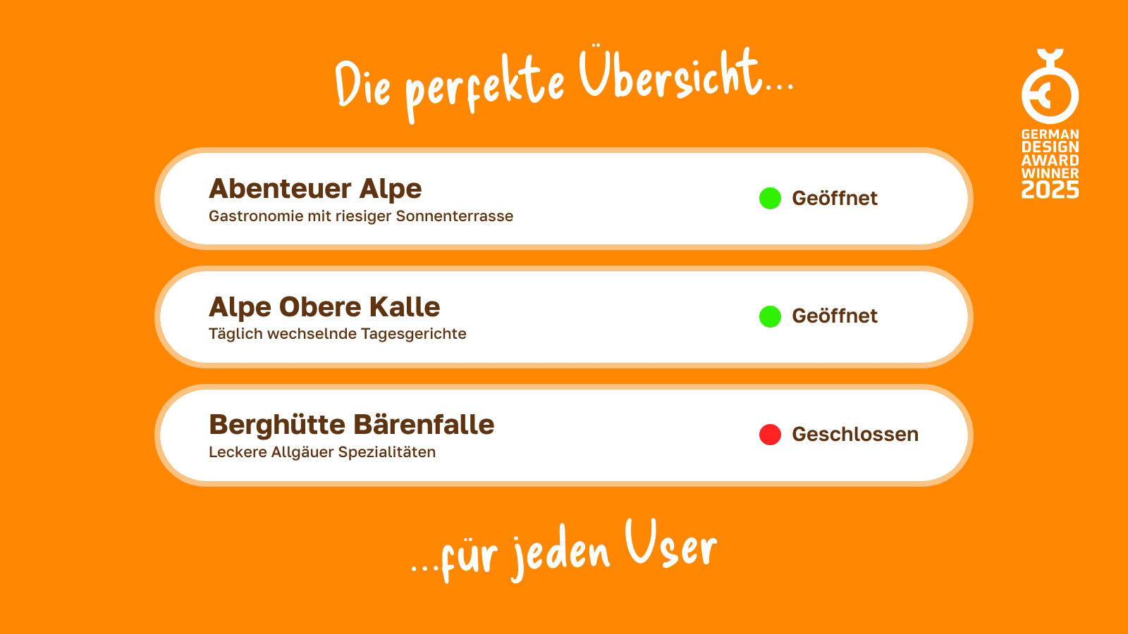 Offen? Geschlossen? Einfach pflegbar in unserer Web-App. In Sekunden live im Web 🏔️